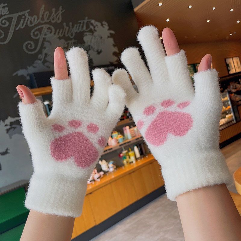 Women's cute white plush gloves
