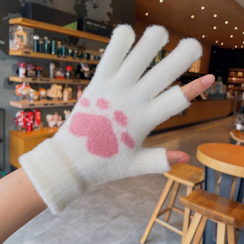 Women's cute white plush gloves