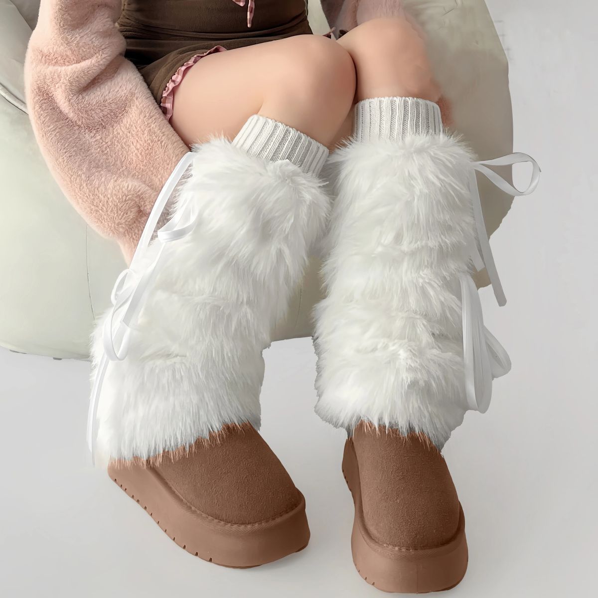 Autumn and winter furry warm white leg warmers y2k