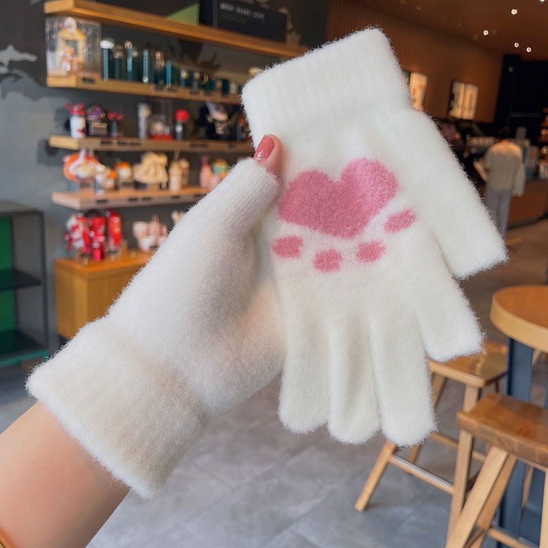 Women's cute white plush gloves