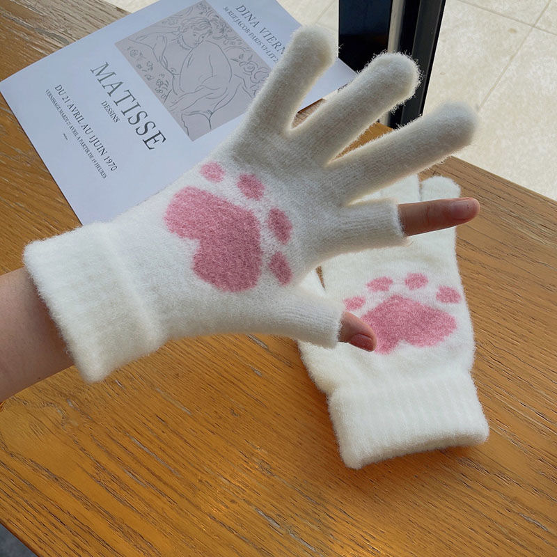 Women's cute white plush gloves