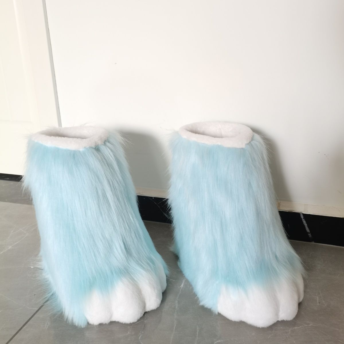Blue Cute Plush Animal Claw Fingerless Gloves