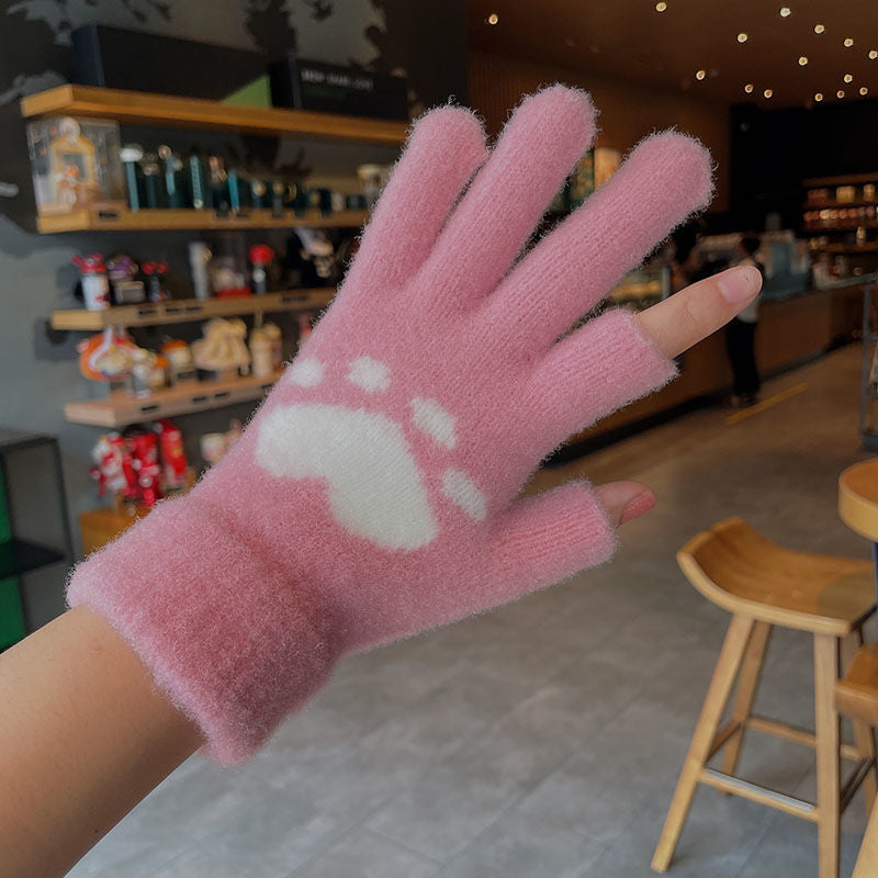 Women's cute white plush gloves