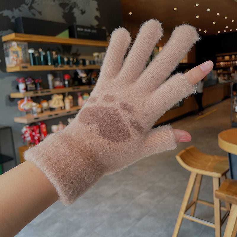 Women's cute white plush gloves