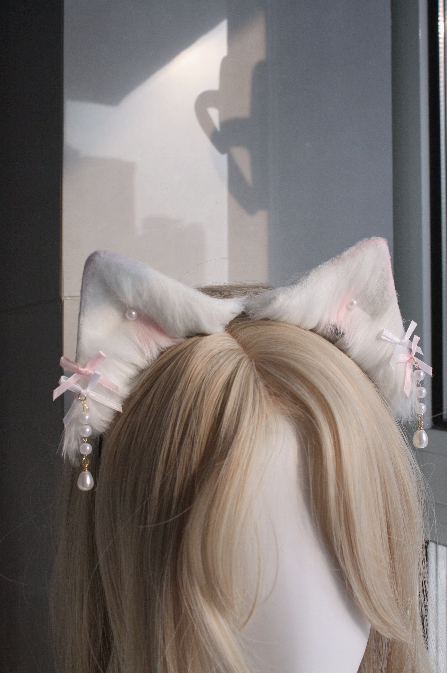 Pink and white handmade animal ear bow headband cat ears
