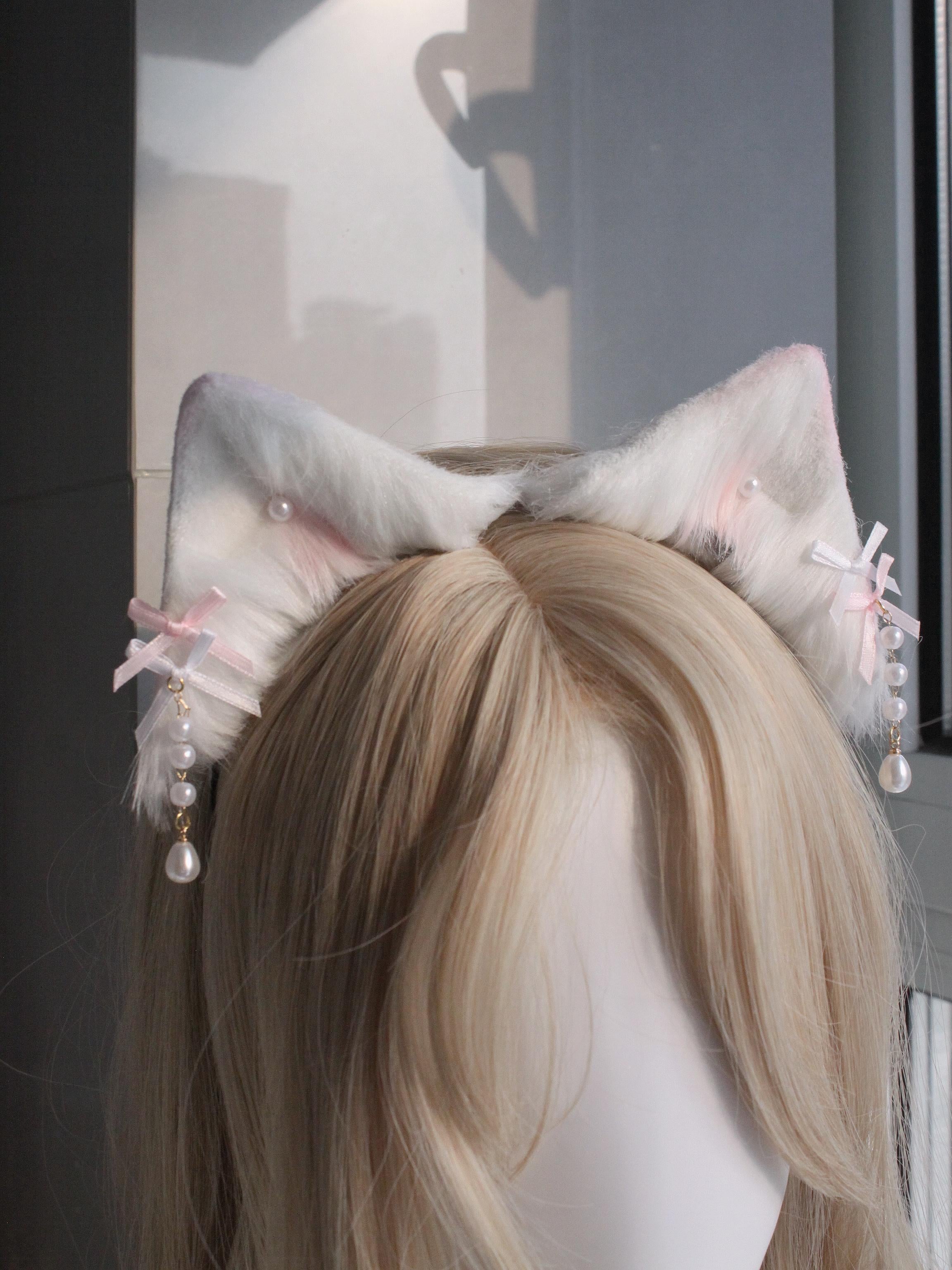 Pink and white handmade animal ear bow headband cat ears
