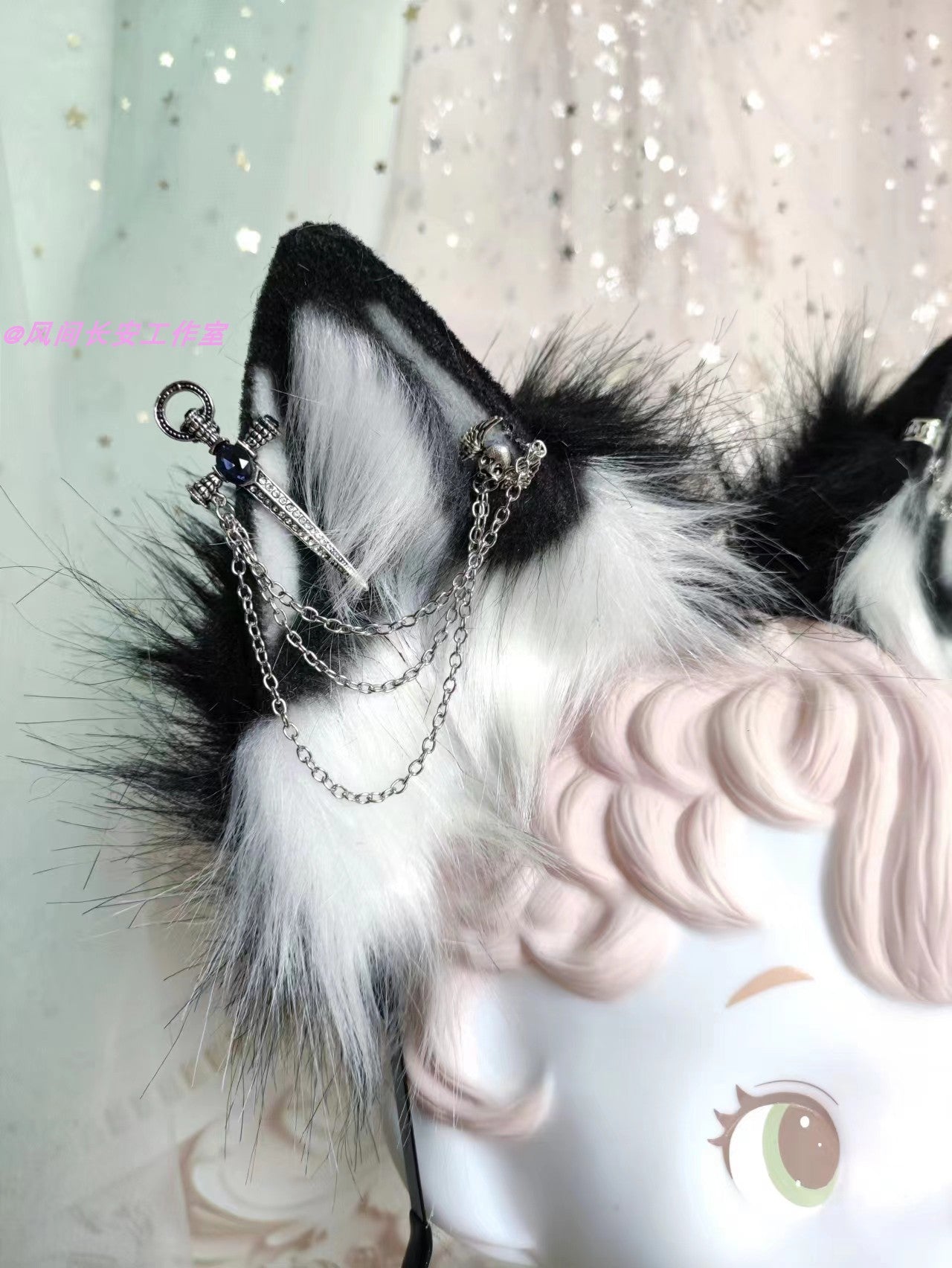Black and white simulated animal ears plush wolf ears headband