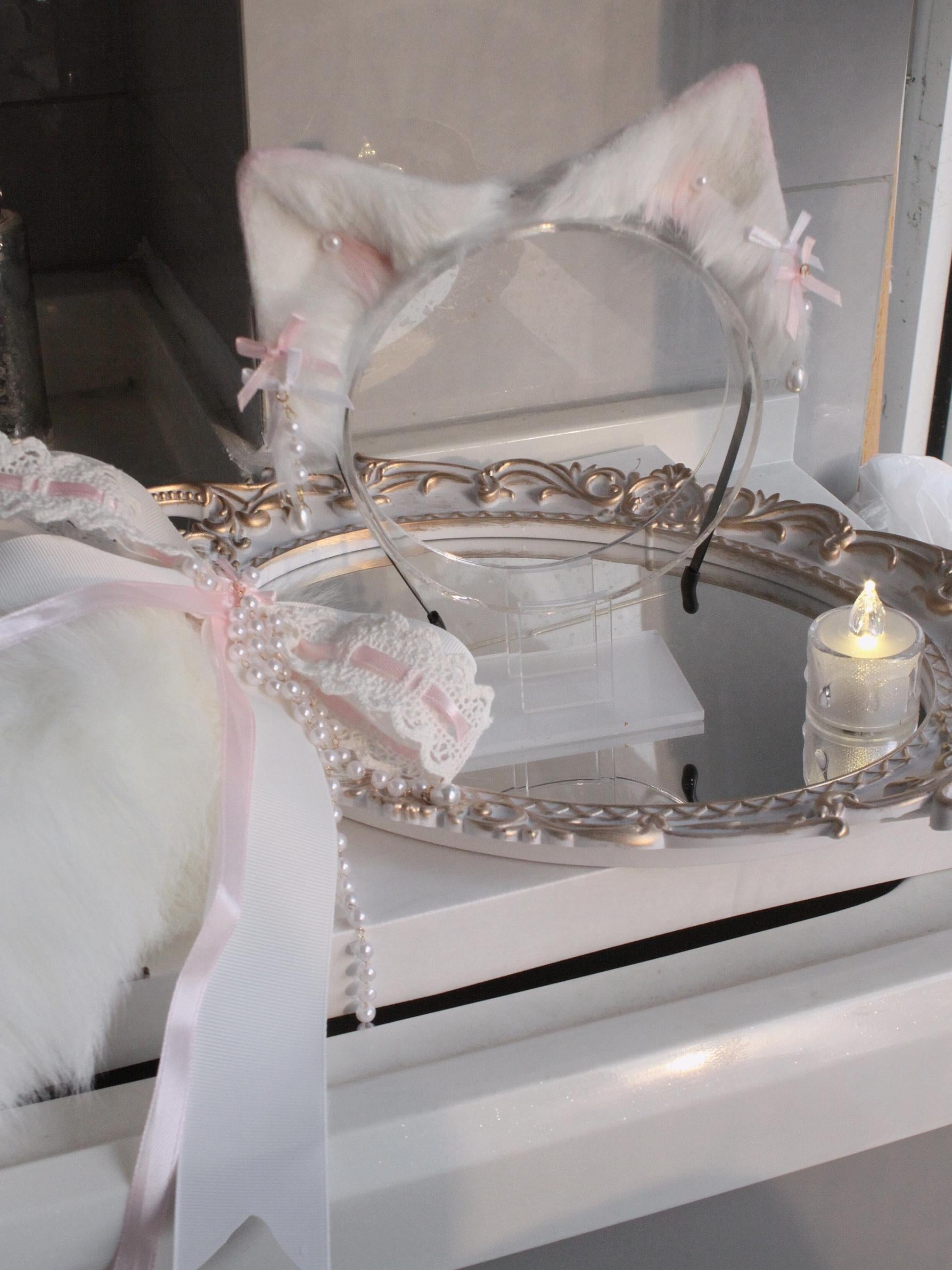 Pink and white handmade animal ear bow headband cat ears