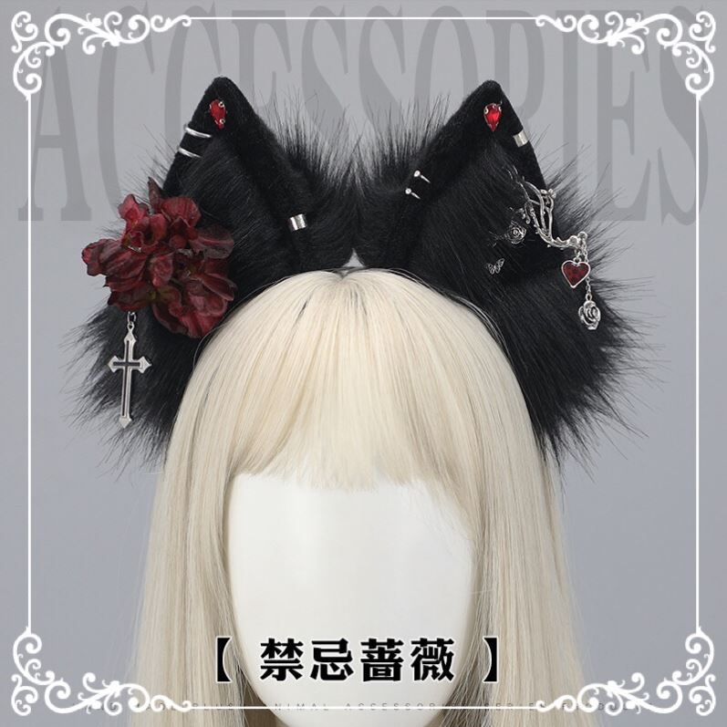 Simulated animal ears wine red rose metal accessories