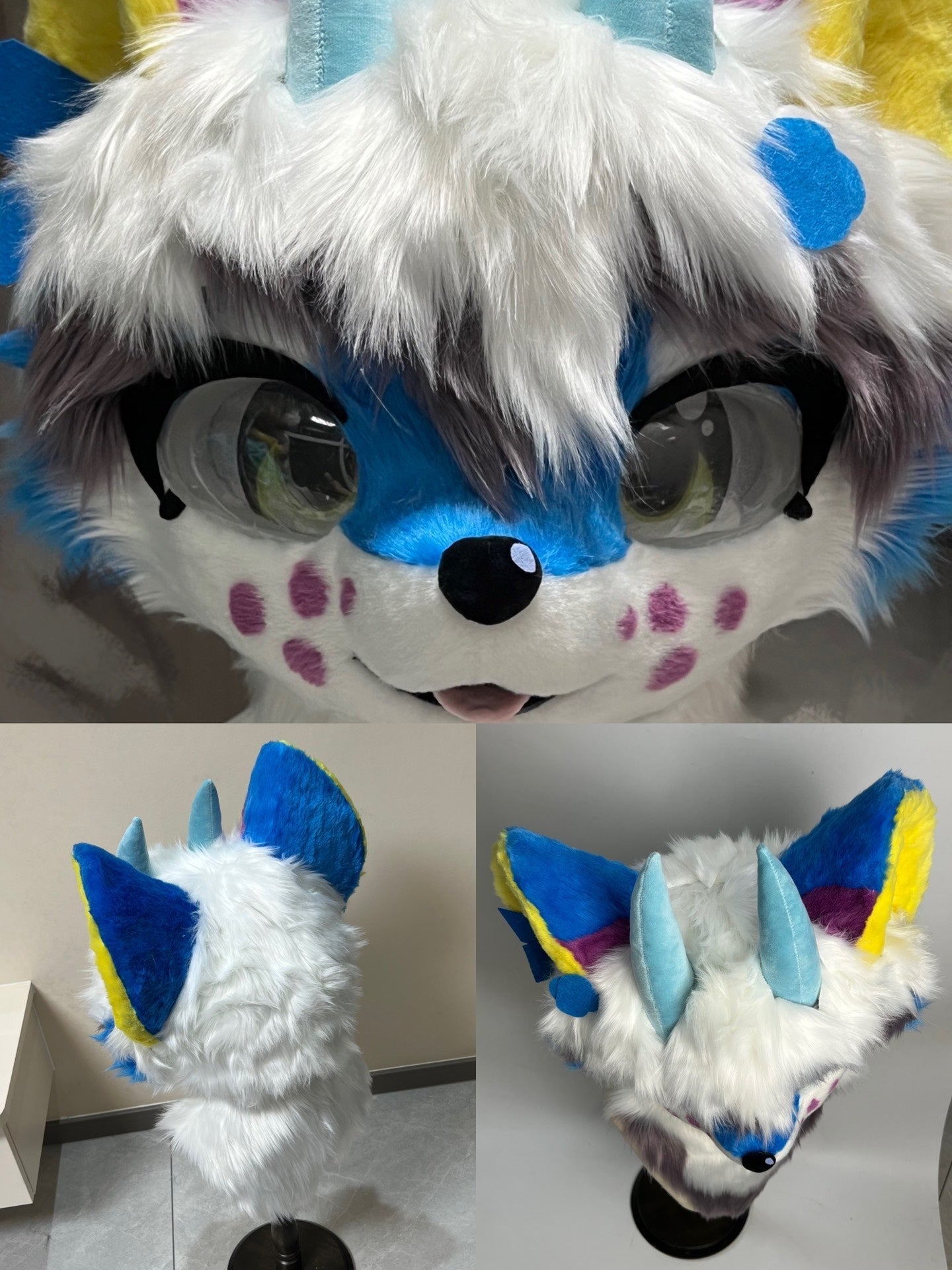 Blue Polka Dot Colorful Dragon Kemono Head Fursuit