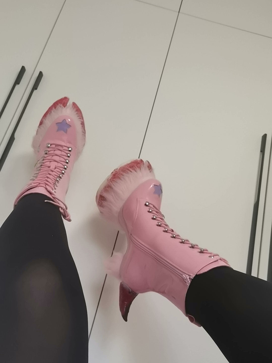 pink furry horseshoe shoes