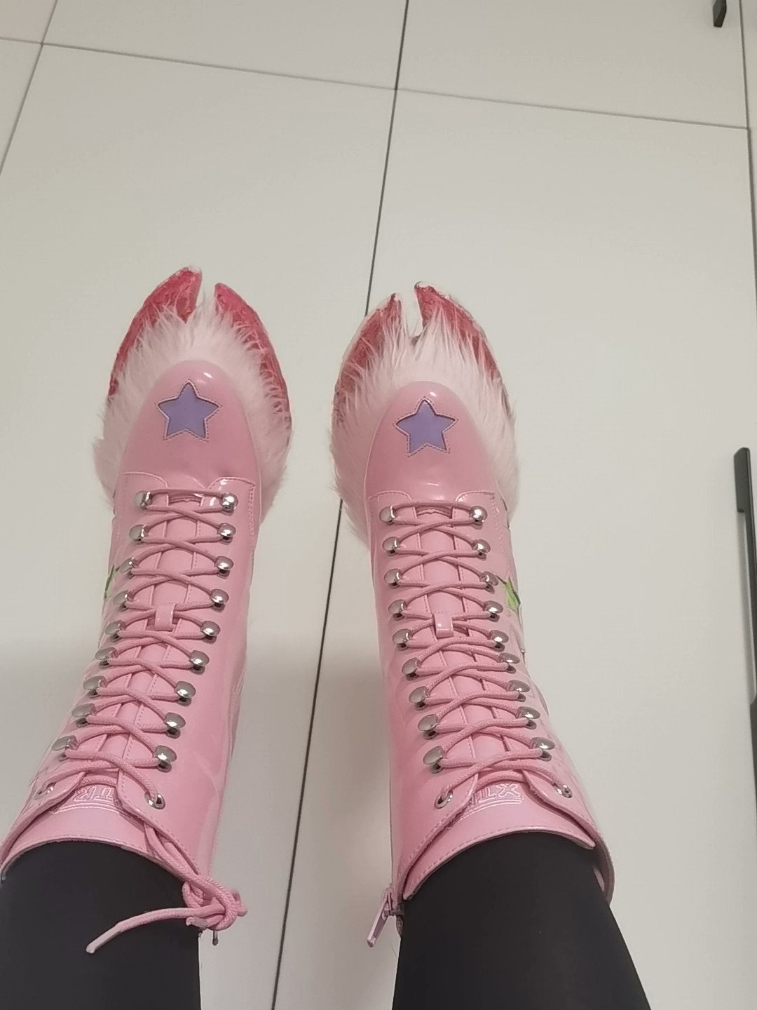 pink furry horseshoe shoes