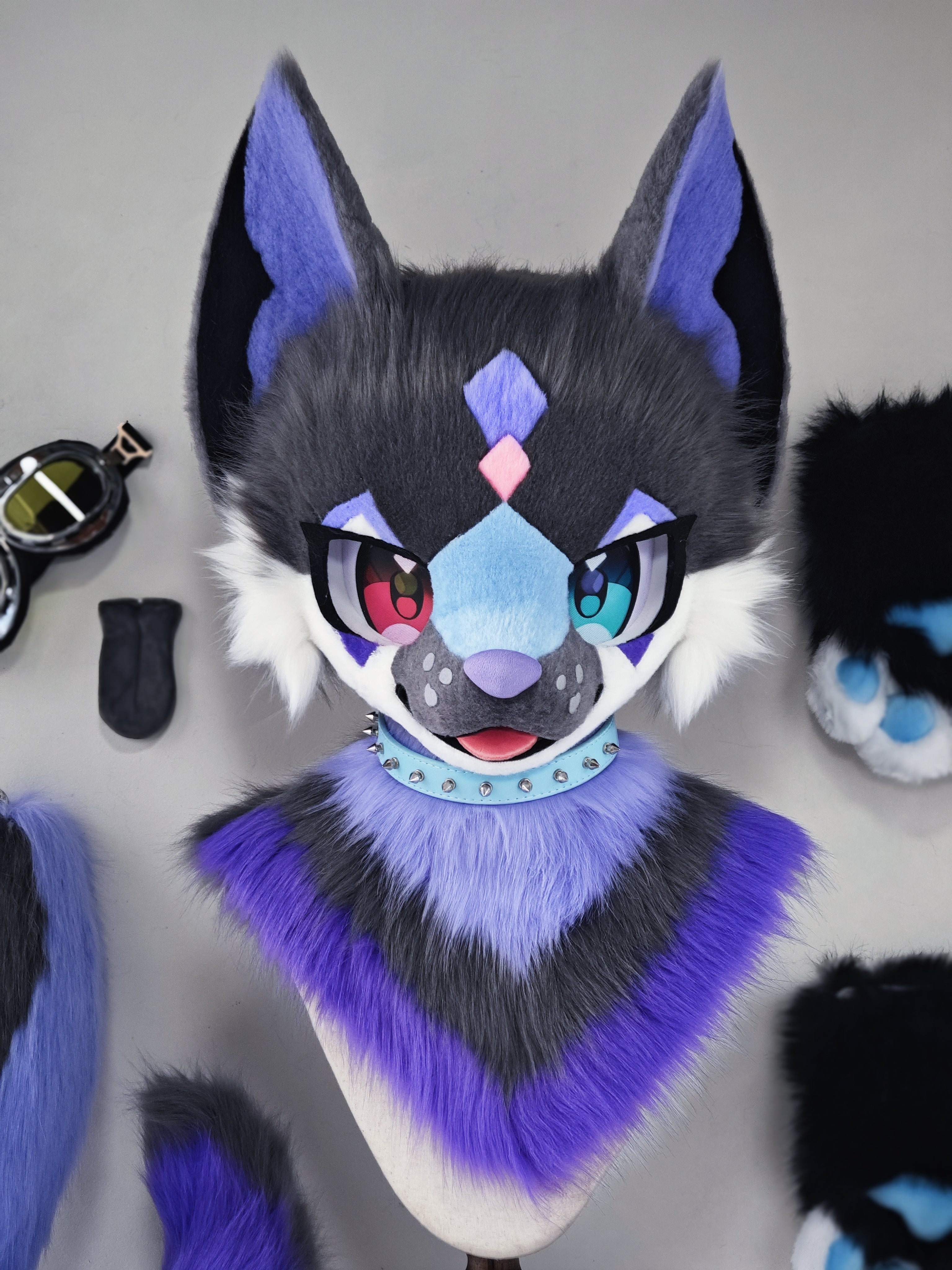 Purple Blocks Fox Kemono Head Fursuit (Gift Handpaws+Tail)