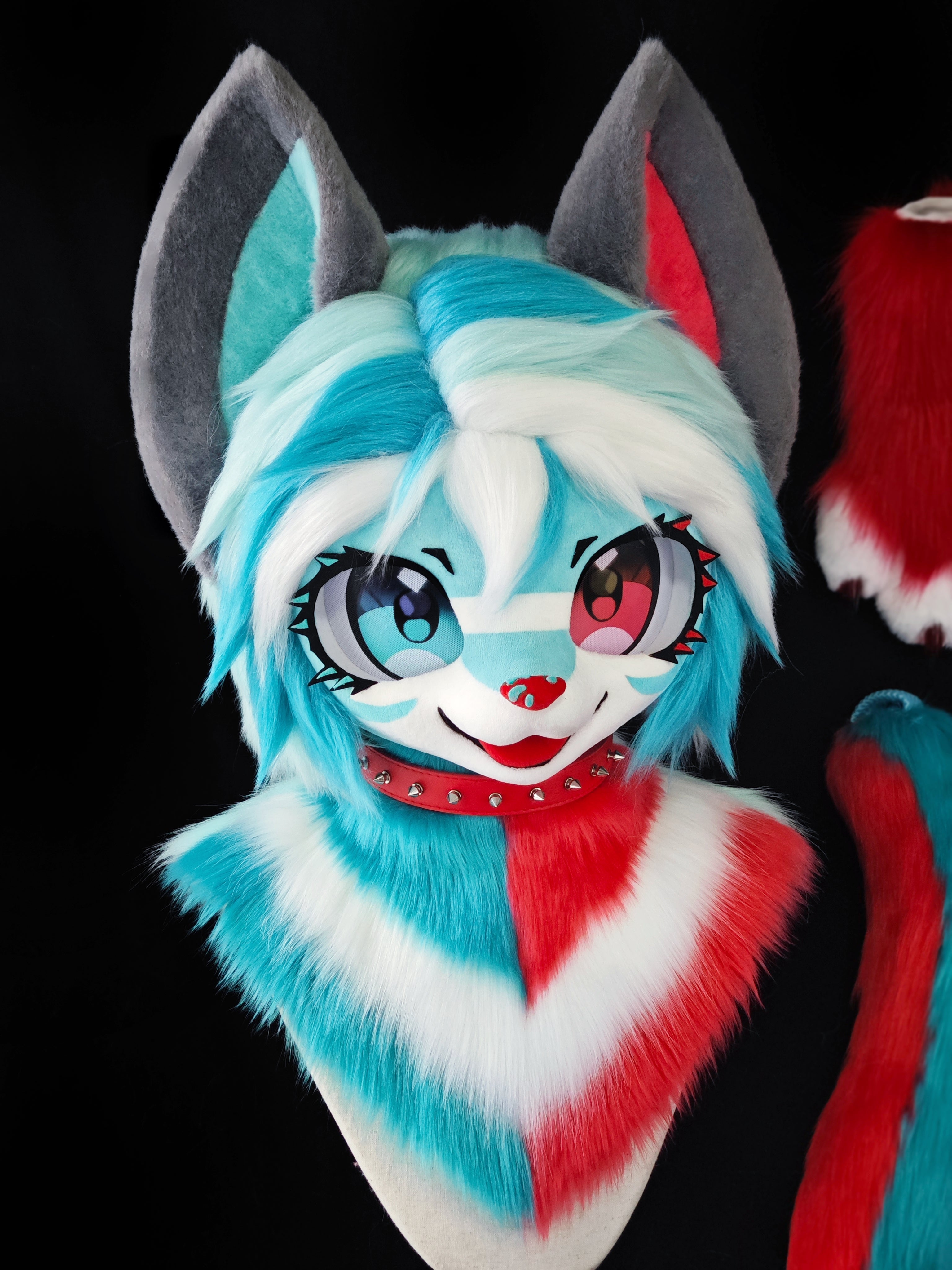 Red & Blue Stripes Kemono Kitten Head Fursuit (Gift Handpaws+Tail)