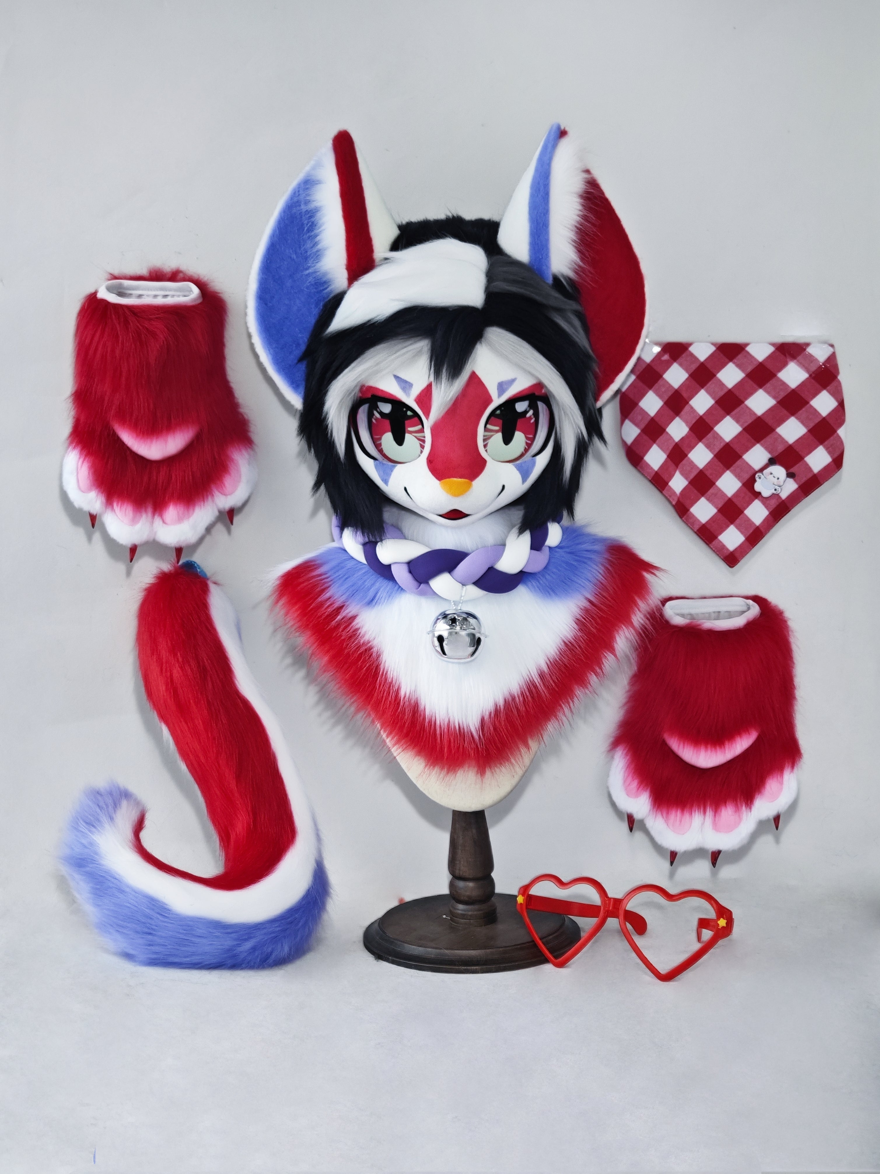 Red Purple Love Kitten Kemono Head Fursuit (Gift Handpaws+Tail)