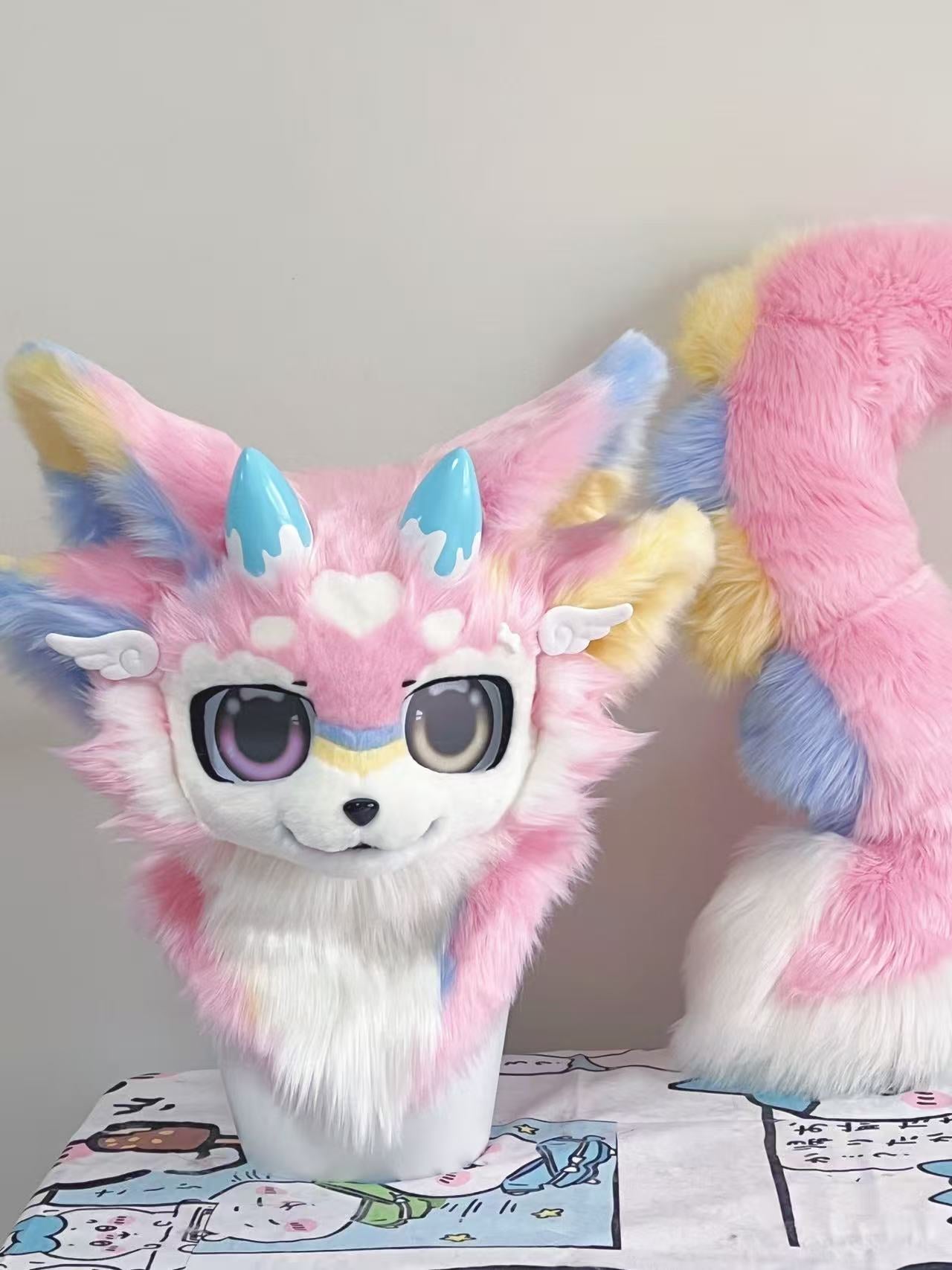 Pink Cream Dragon Kemono Head Fursuit (Gift Tail)