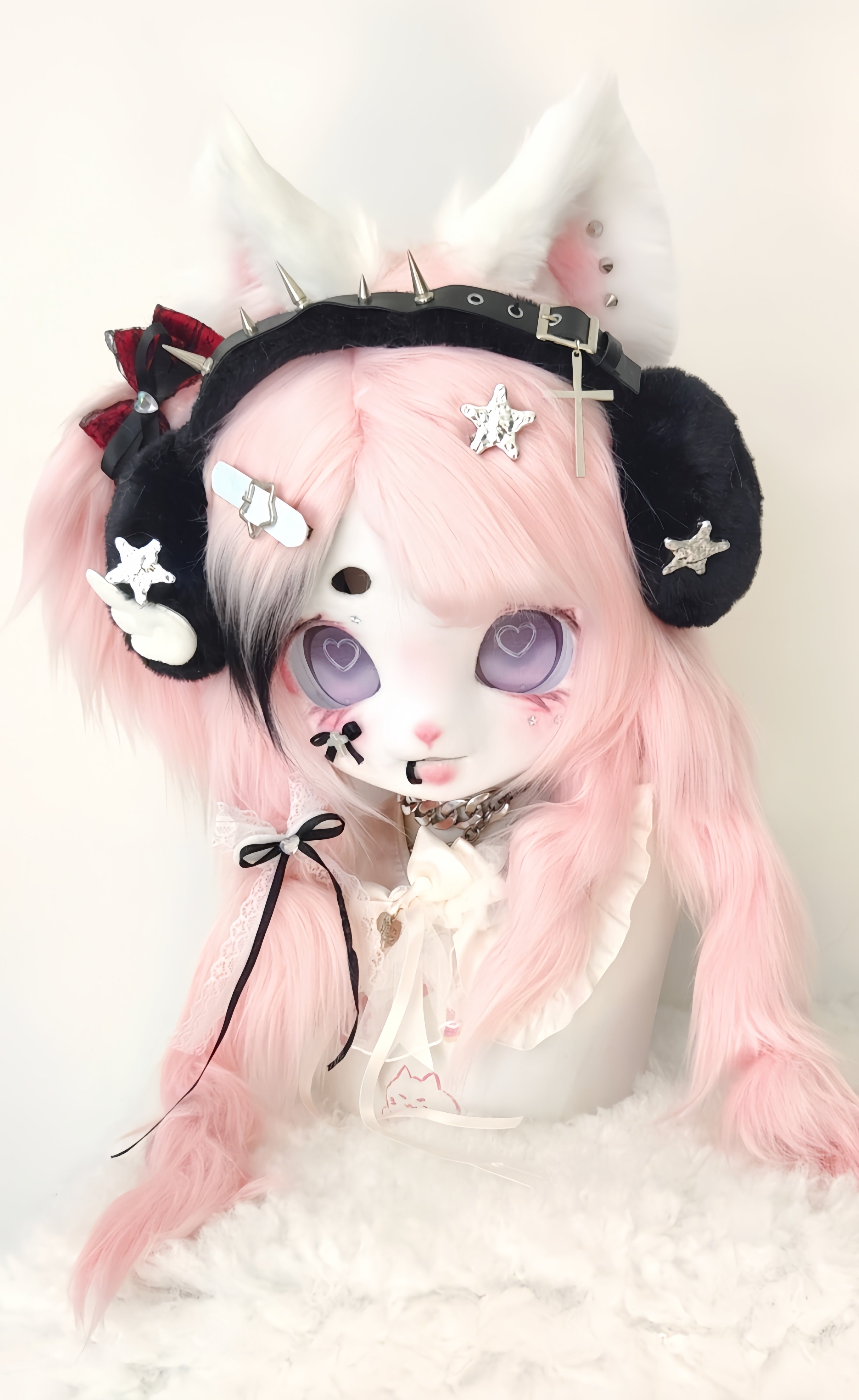 Y2K Pink Black Kitten Kig Head Fursuit