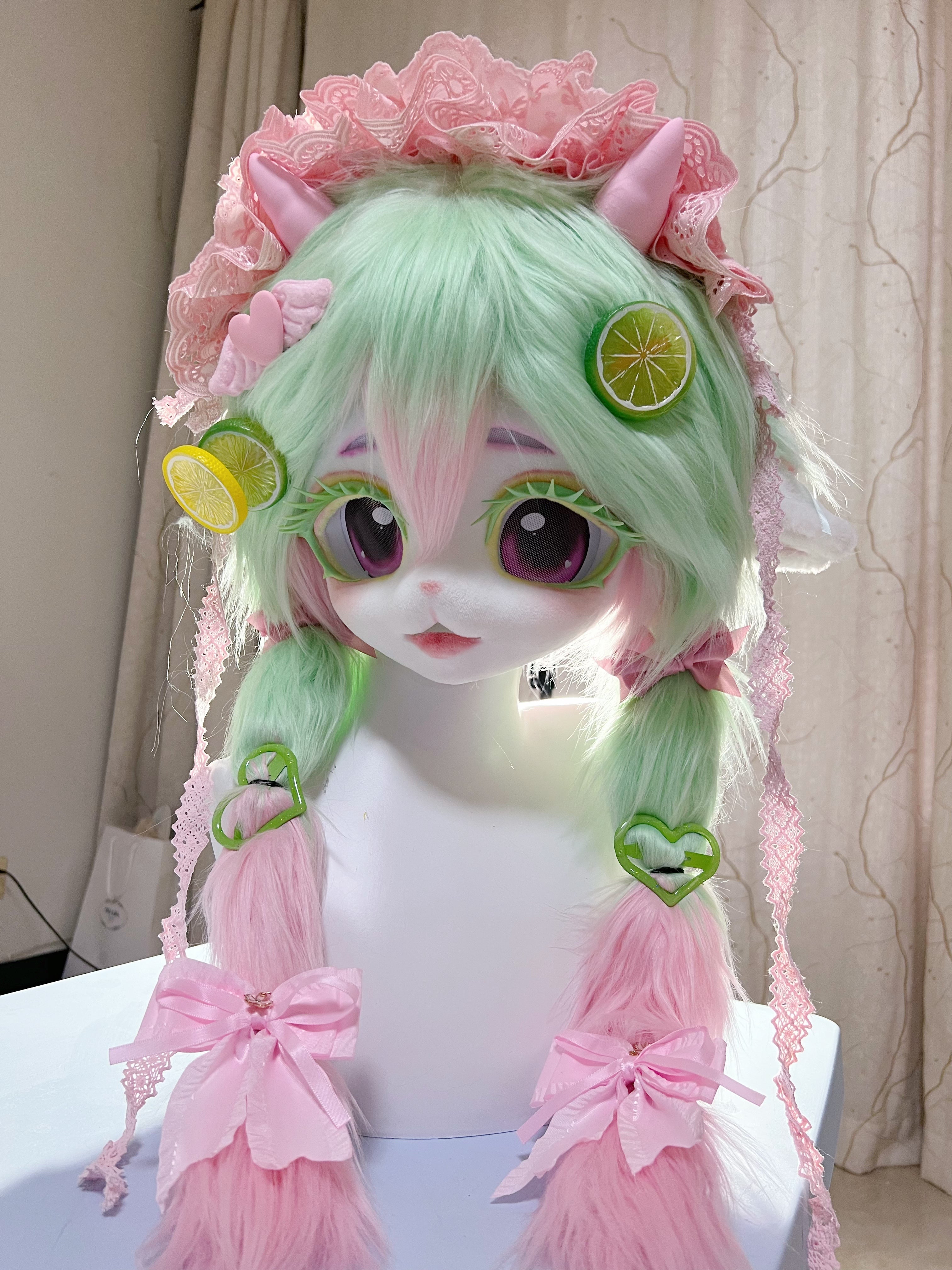 Green Lemon Kitten Fox Kig Head Fursuit