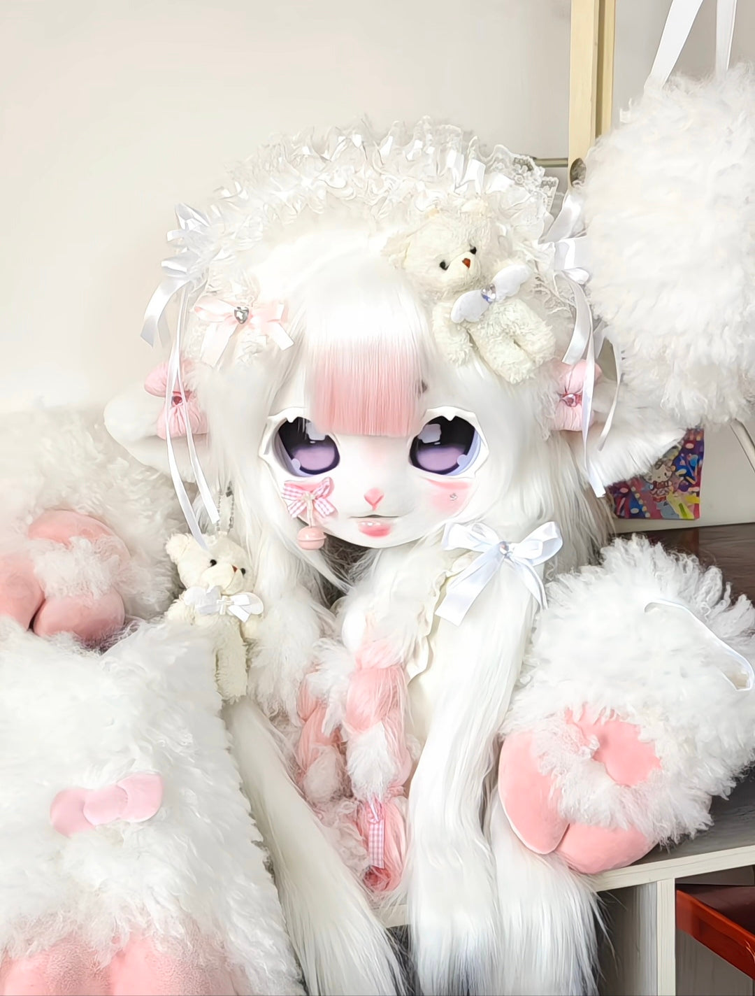 Pink Lamb Kig Head Fursuit (Gift Handpaws+Feetpaws+Tail)
