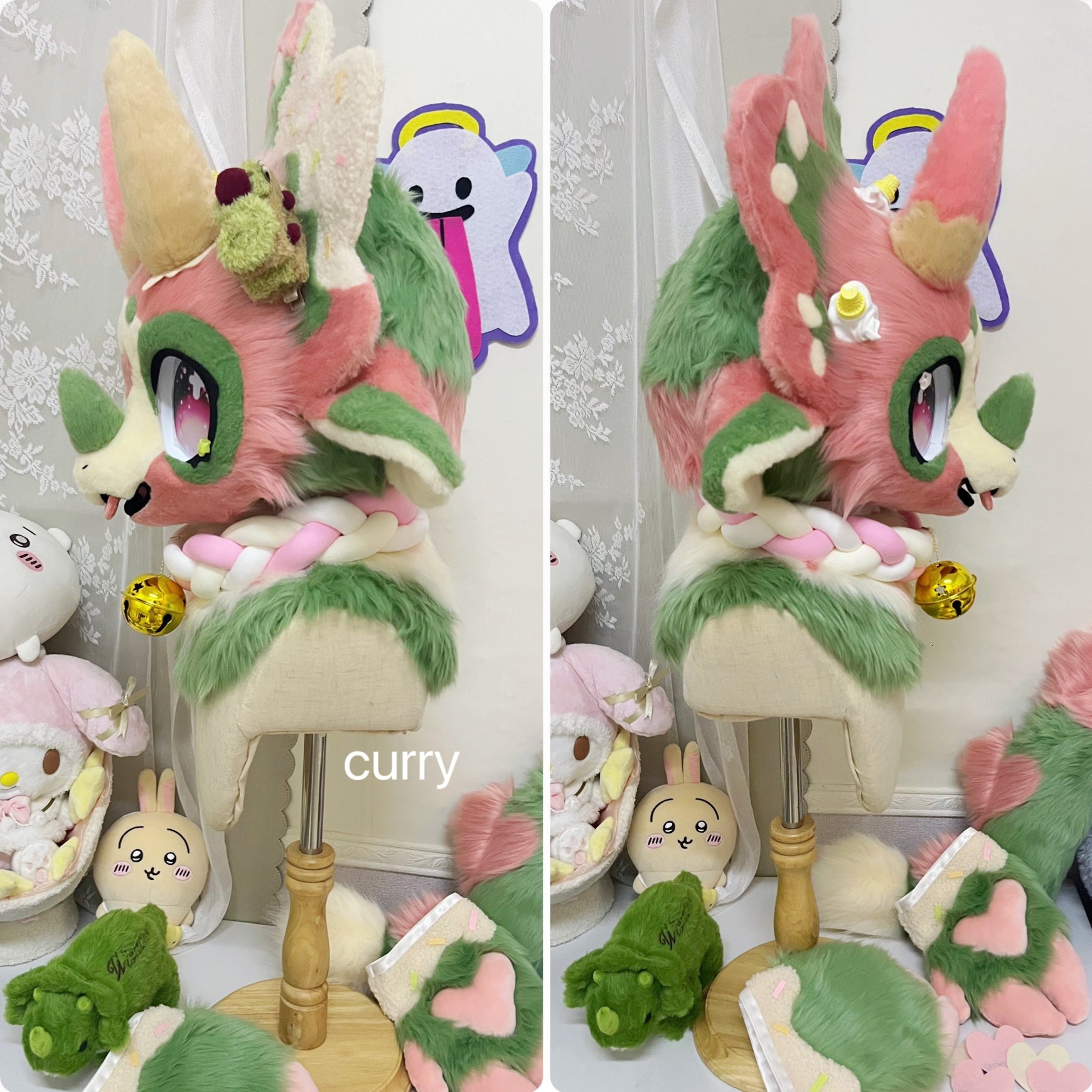 Strawberry Matcha Flavor Triceratops Kemono Head Fursuit (Gift Handpaws+Tail)