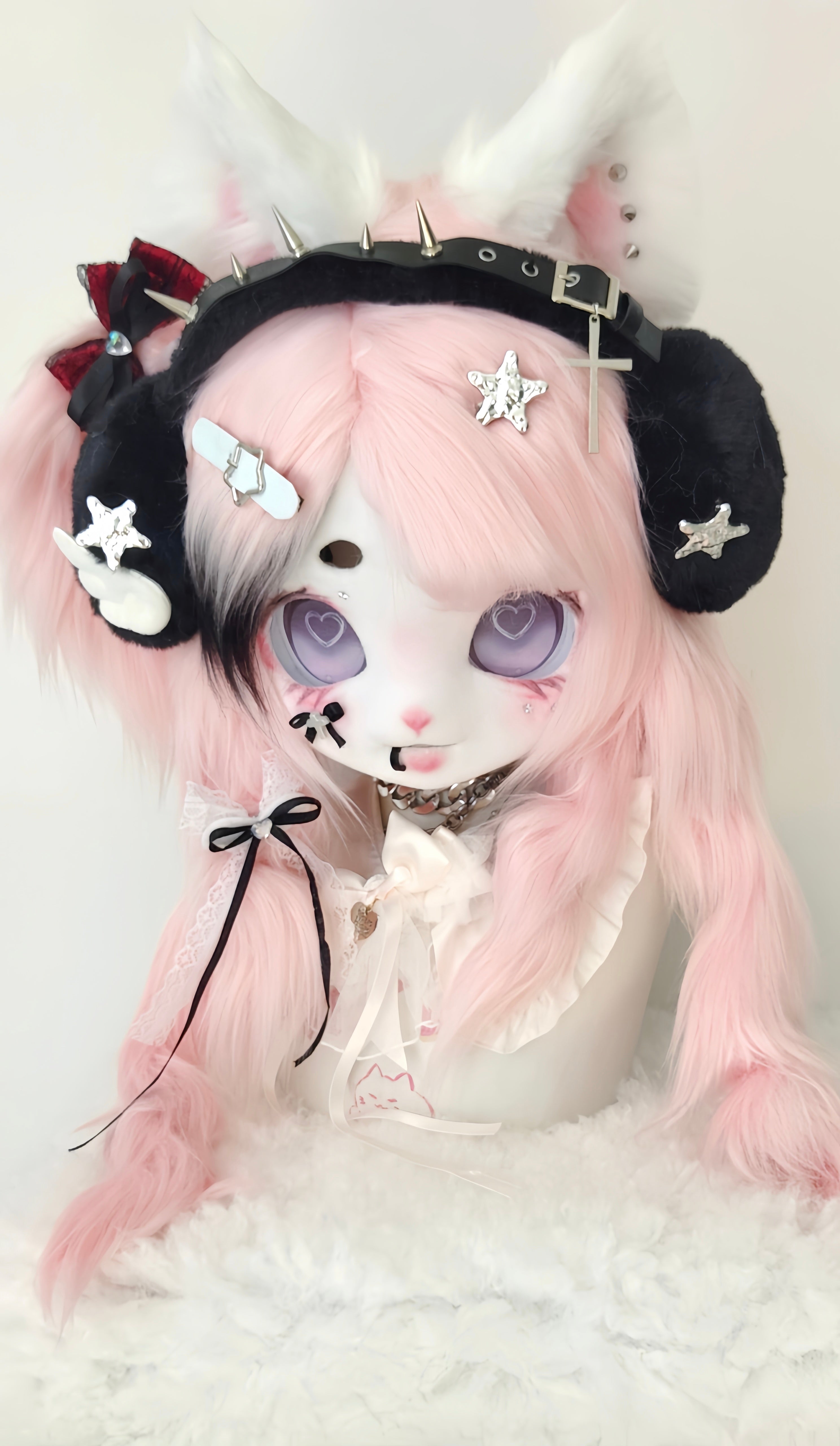 Y2K Pink Black Kitten Kig Head Fursuit