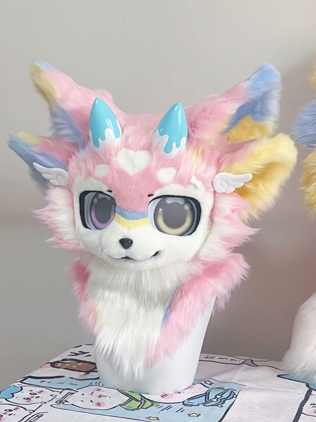 Pink Cream Dragon Kemono Head Fursuit (Gift Tail)