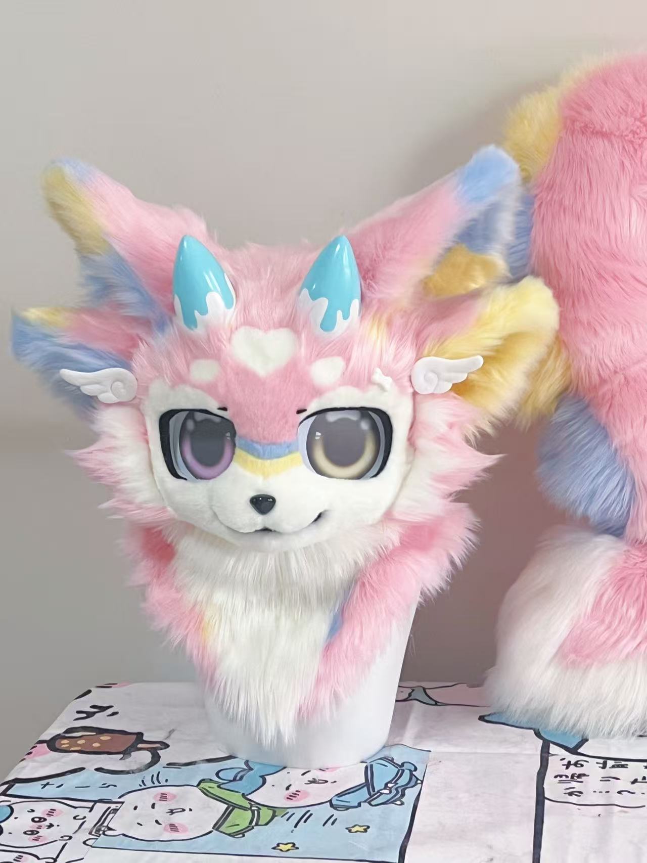 Pink Cream Dragon Kemono Head Fursuit (Gift Tail)