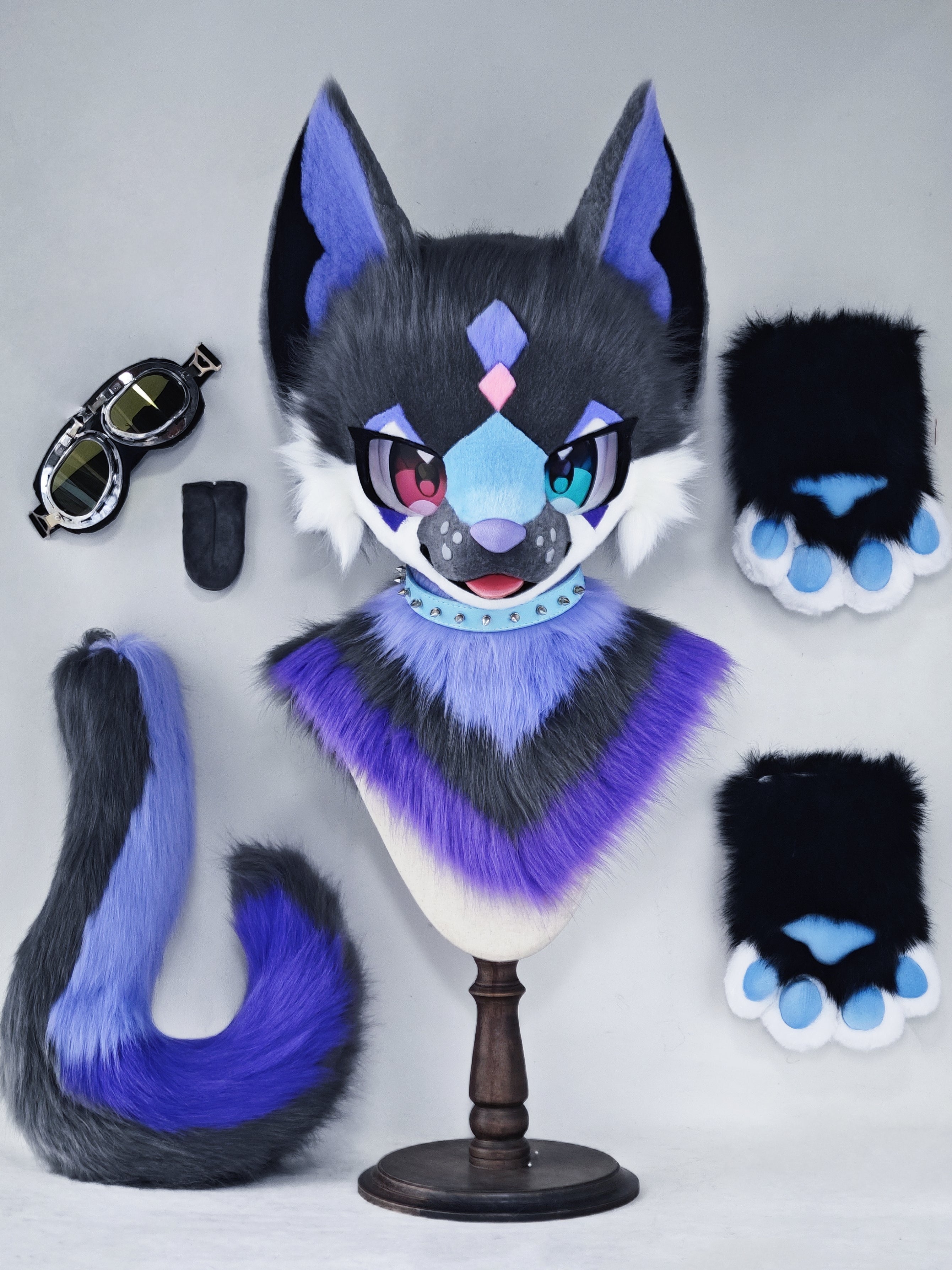 Purple Blocks Fox Kemono Head Fursuit (Gift Handpaws+Tail)