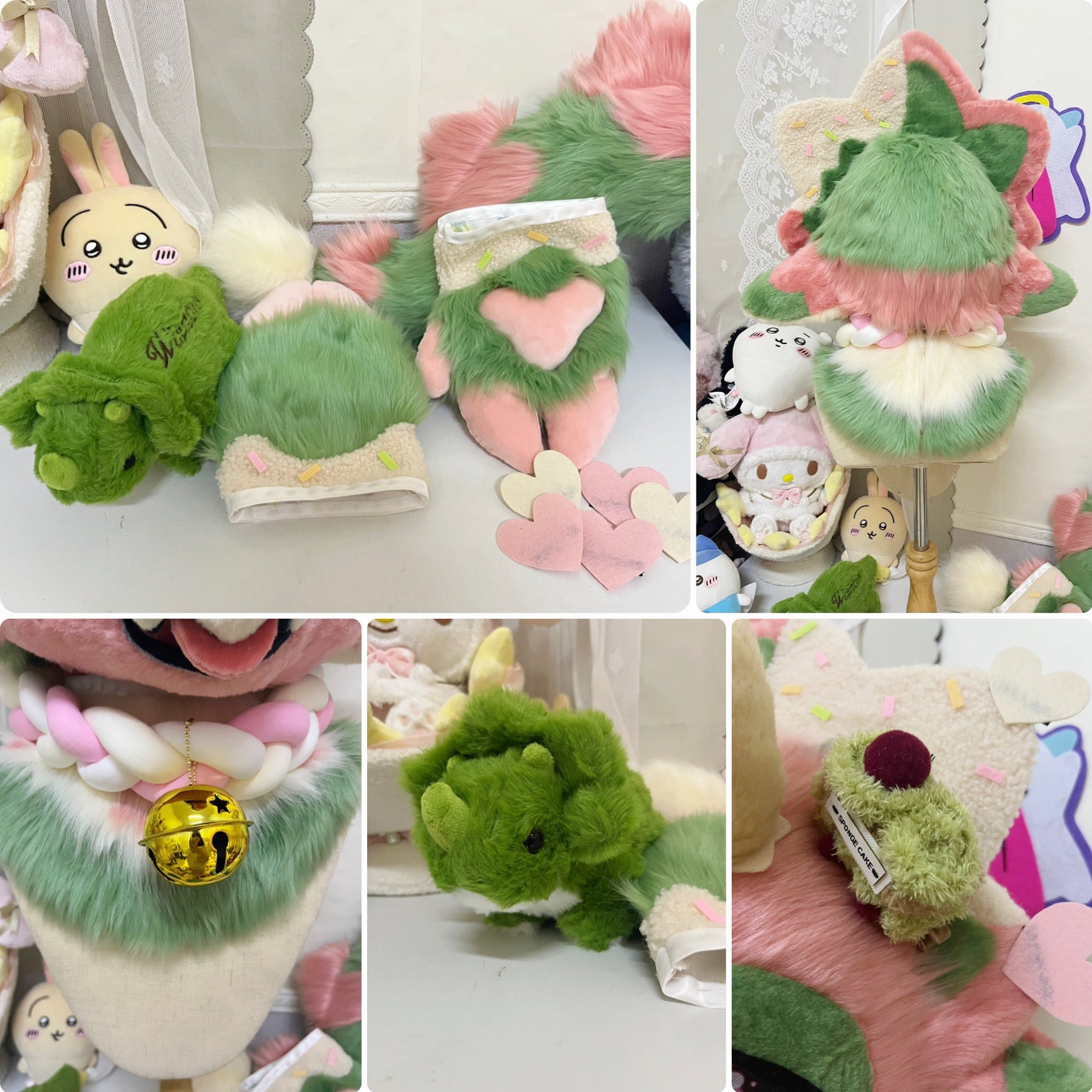 Strawberry Matcha Flavor Triceratops Kemono Head Fursuit (Gift Handpaws+Tail)