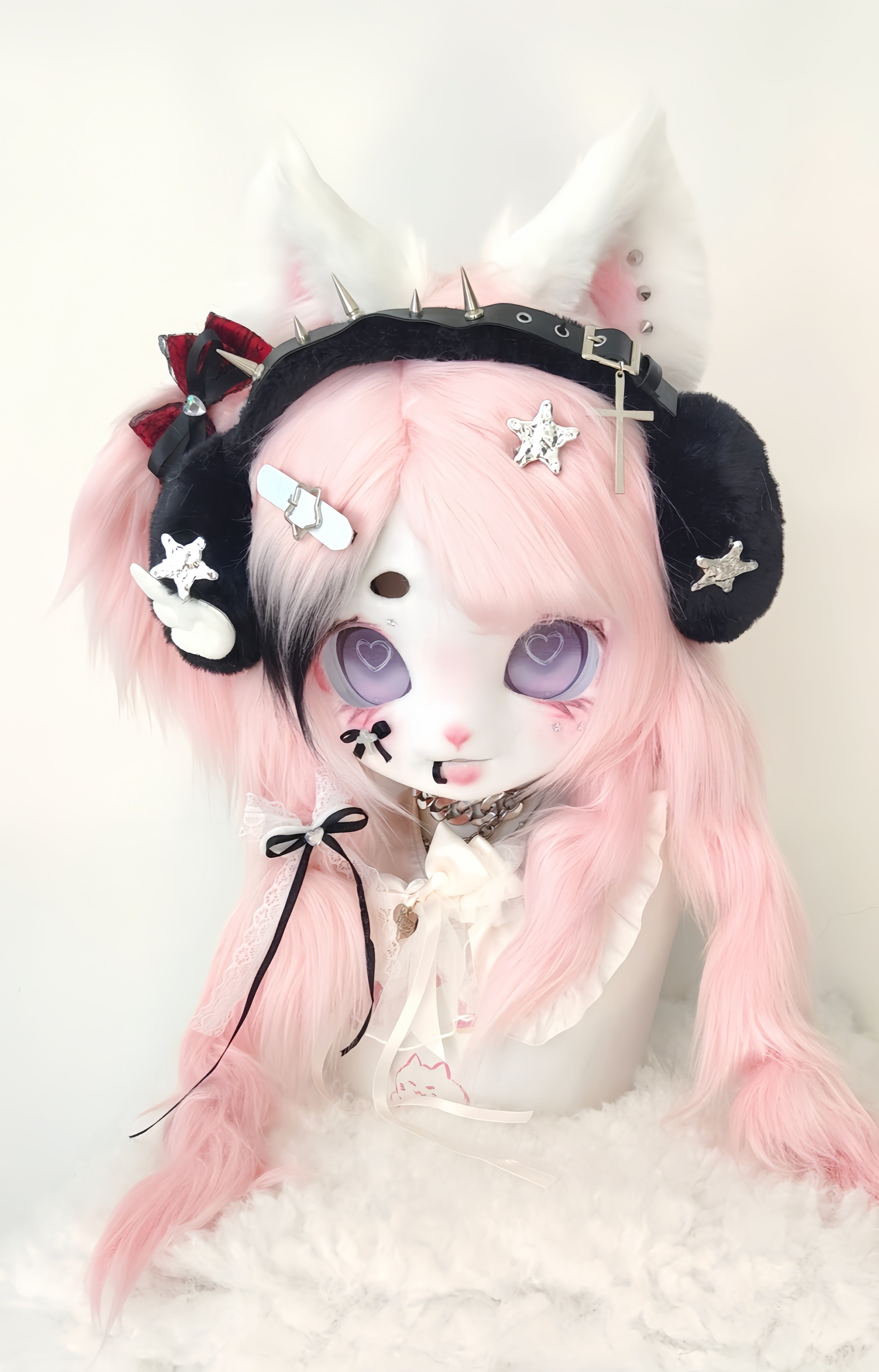 Y2K Pink Black Kitten Kig Head Fursuit