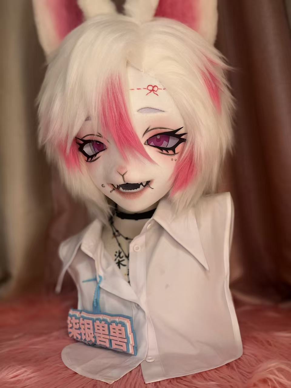 White Pink Fox Kig Head Fursuit