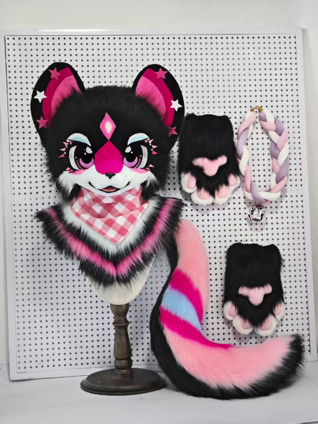 Black Pink Bear Kemono Head Fursuit (Gift Handpaws+Tail)