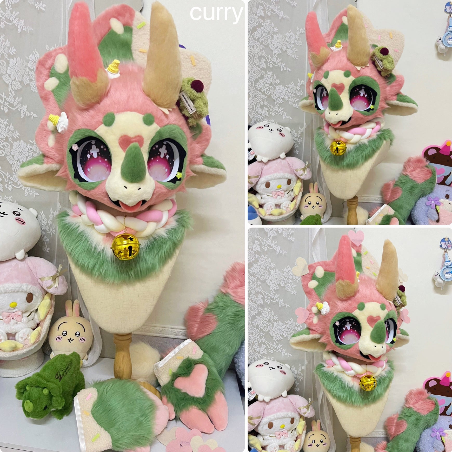 Strawberry Matcha Flavor Triceratops Kemono Head Fursuit (Gift Handpaws+Tail)