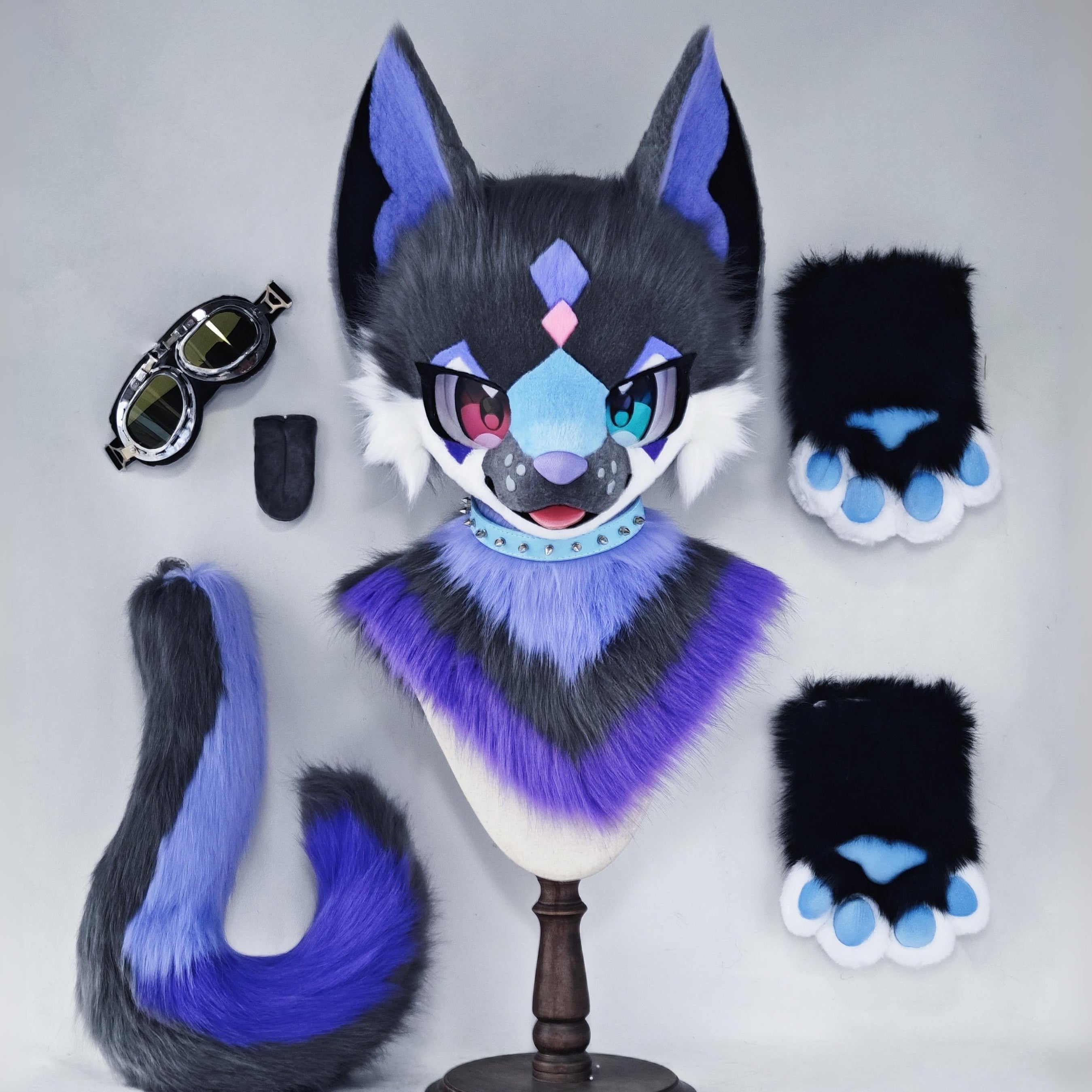 Purple Blocks Fox Kemono Head Fursuit (Gift Handpaws+Tail)