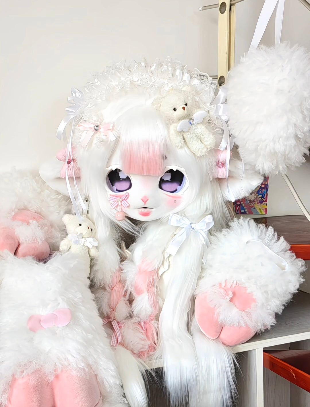 Pink Lamb Kig Head Fursuit (Gift Handpaws+Feetpaws+Tail)