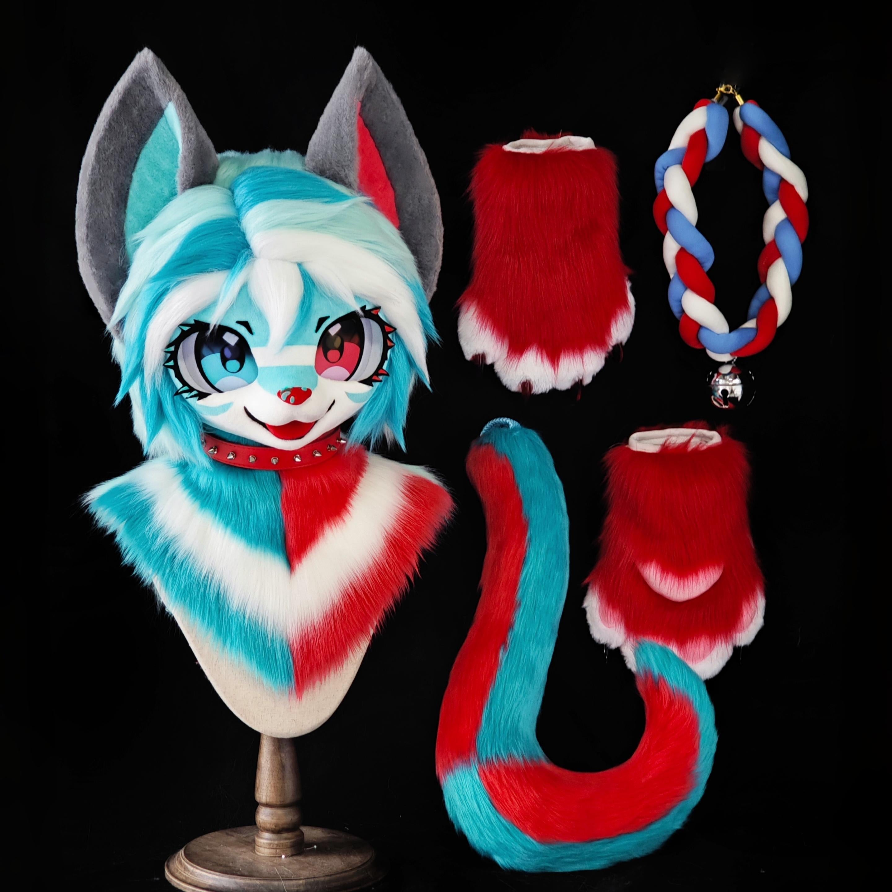 Red & Blue Stripes Kemono Kitten Head Fursuit (Gift Handpaws+Tail)