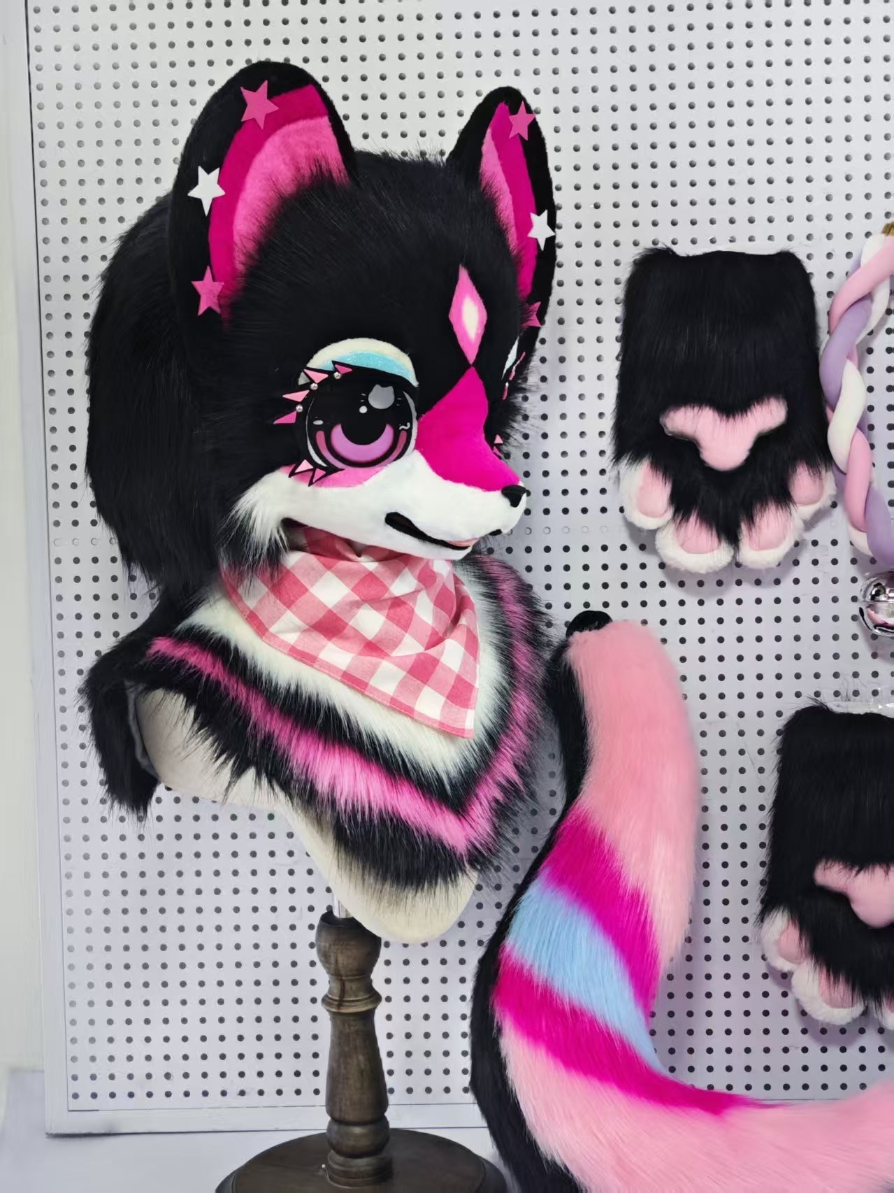 Black Pink Bear Kemono Head Fursuit (Gift Handpaws+Tail)