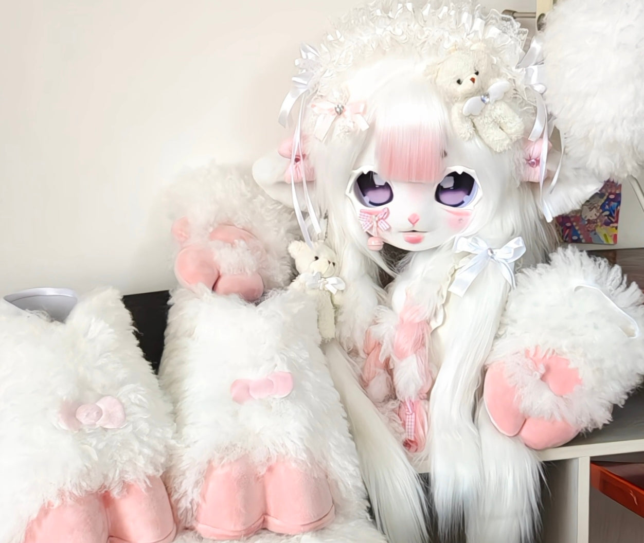 Pink Lamb Kig Head Fursuit (Gift Handpaws+Feetpaws+Tail)