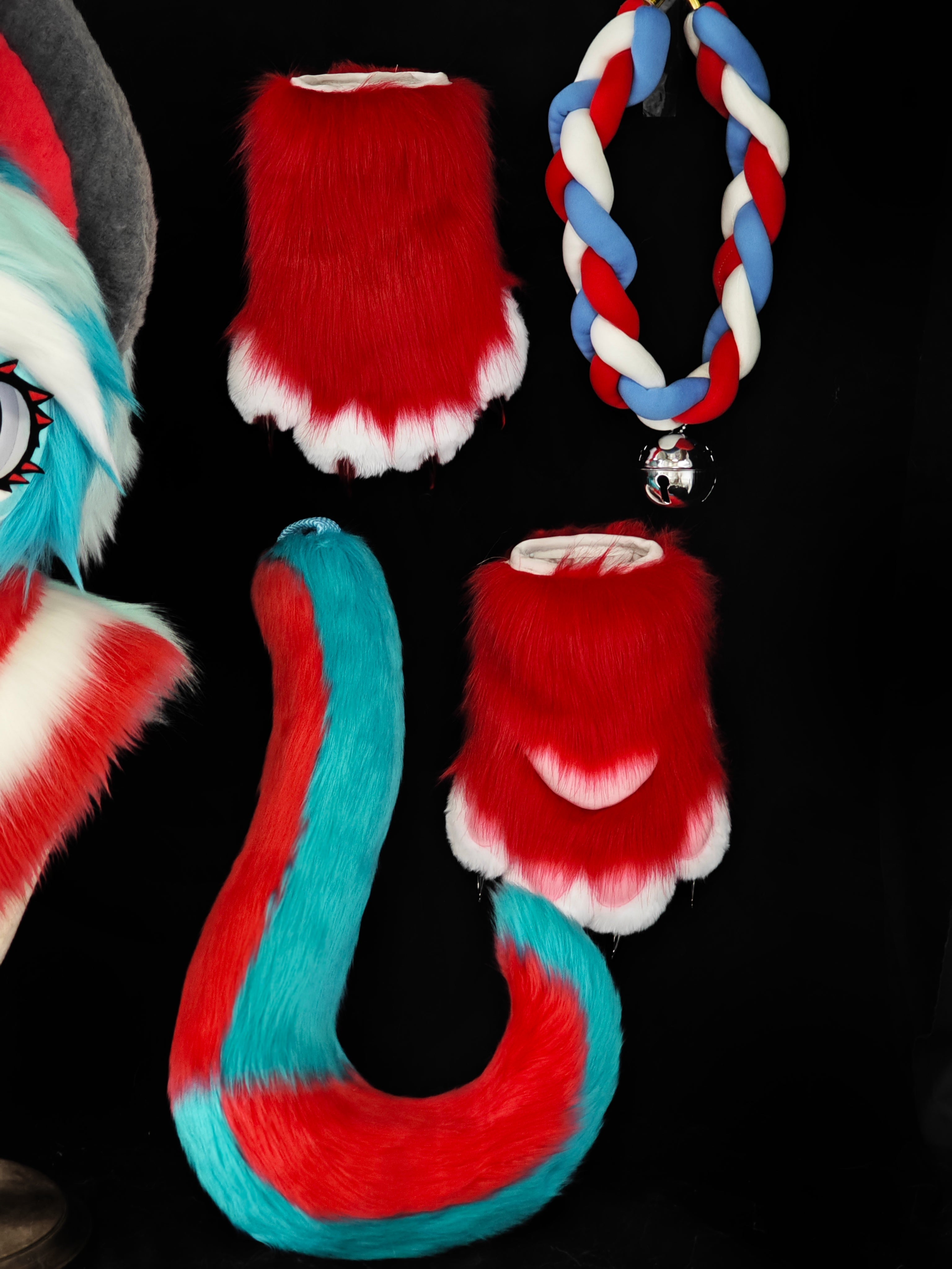 Red & Blue Stripes Kemono Kitten Head Fursuit (Gift Handpaws+Tail)